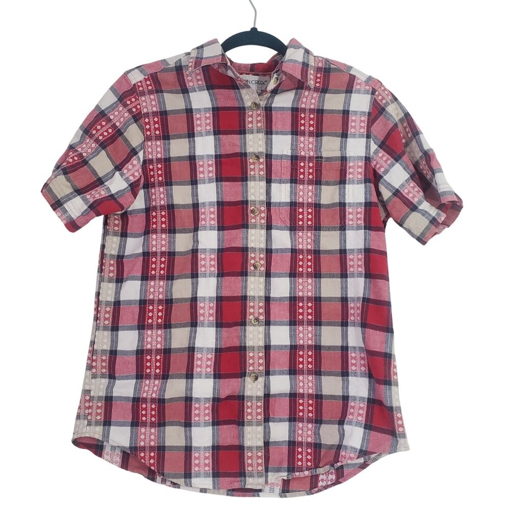 Vintage 90s Cabin‎ Creek Womens Plaid Short Sleeve Button Up Shirt Size M Cotton